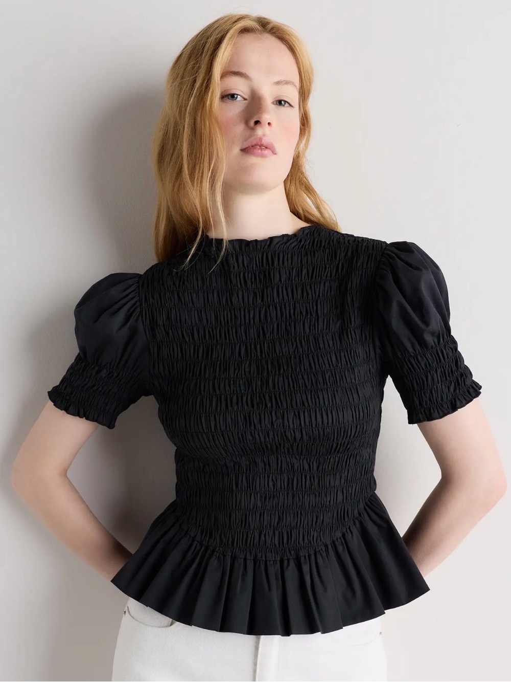Quince Black Smocked Puff Sleeve Peplum Blouse